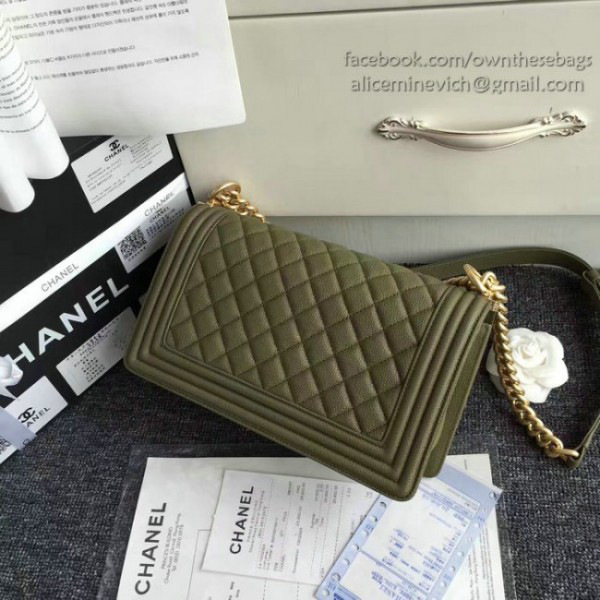 Ch**el quilted caviar medium boy bag green  25 x 14.5 x 8 cm