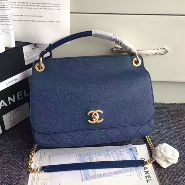 Ch**el grained calfskin large top handle flap bag blue