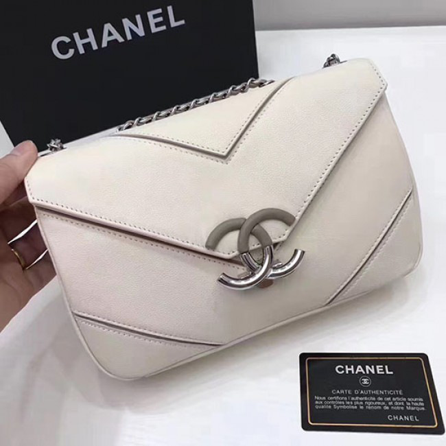 Ch**el calfskin chevron flap bag white