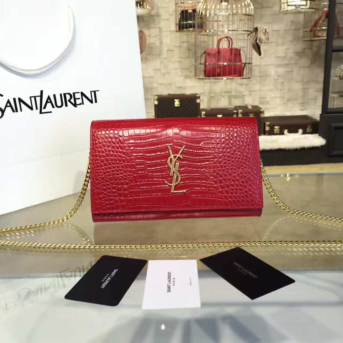 Y51 monogram kate crocodile embossed shiny leather red cohotbag 4763