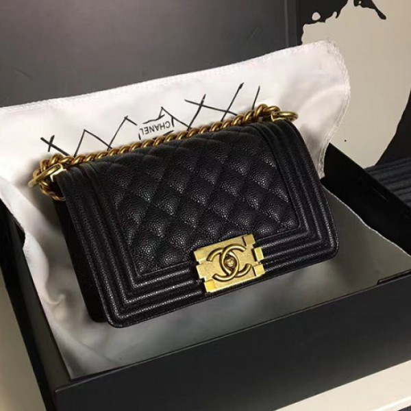 Ch**el small quilted caviar boy bag black gold