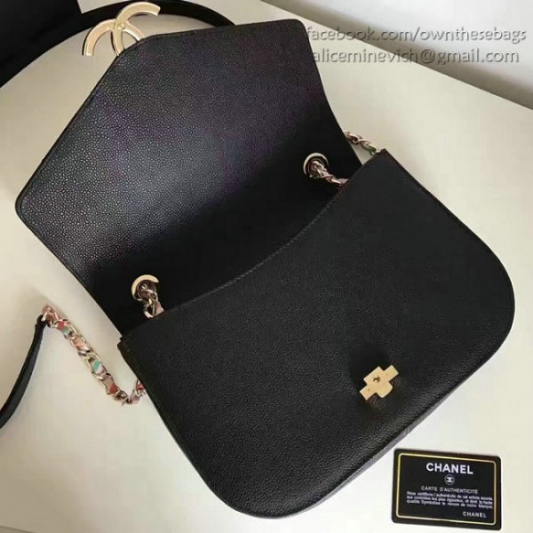 Ch**el grained calfskin flap bag with top handle black