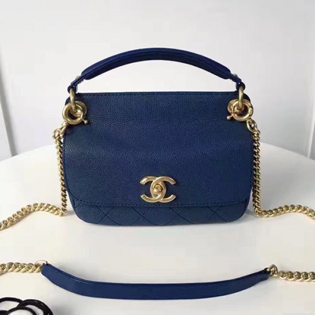 Ch**el grained calfskin mini top handle flap bag blue