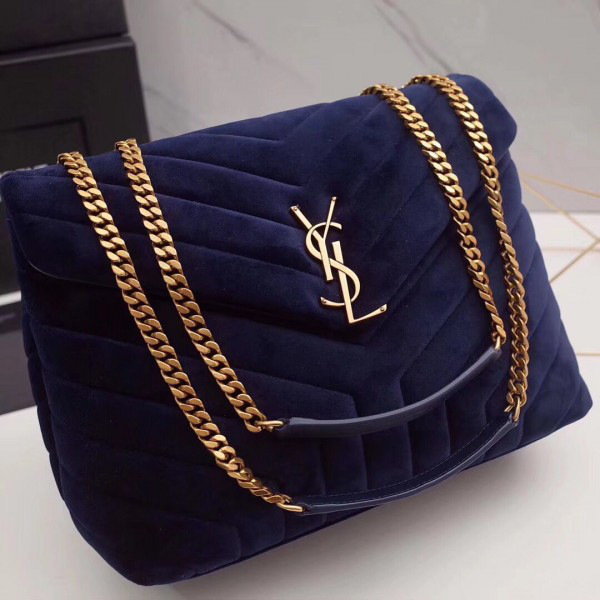 Y51 loulou monogram quilted velvet shoulder bag large blue  481 30cm*20cm*10cm
