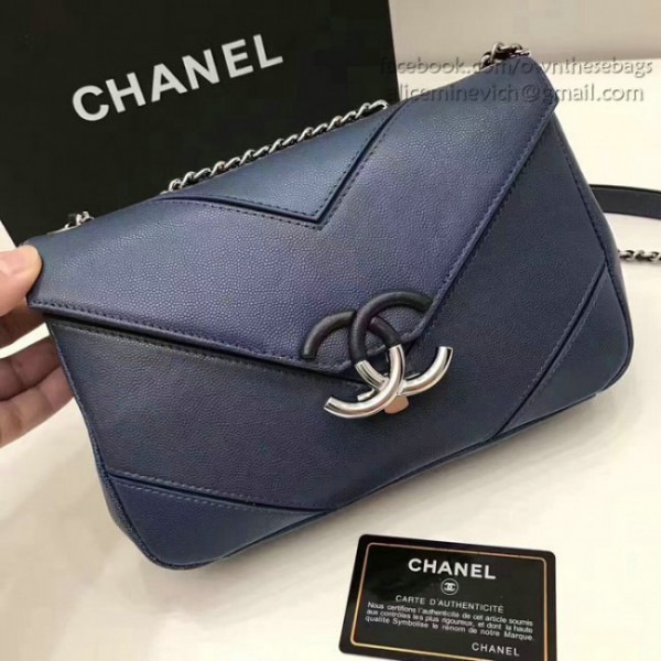 Ch**el calfskin chevron flap bag blue