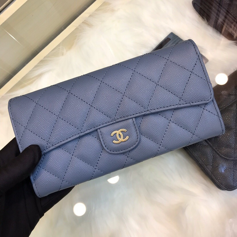 Ch**el classic cf long lychee purse smog blue 10.5*19.*3cm