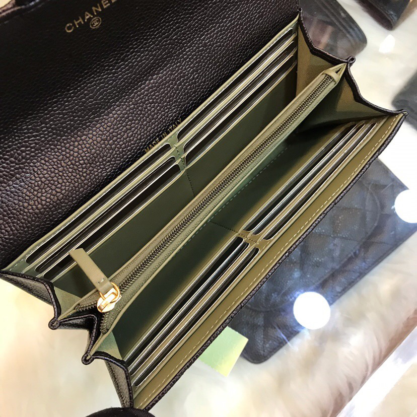 Ch**el classic cf long lychee purse black with green 10.5*19.*3cm