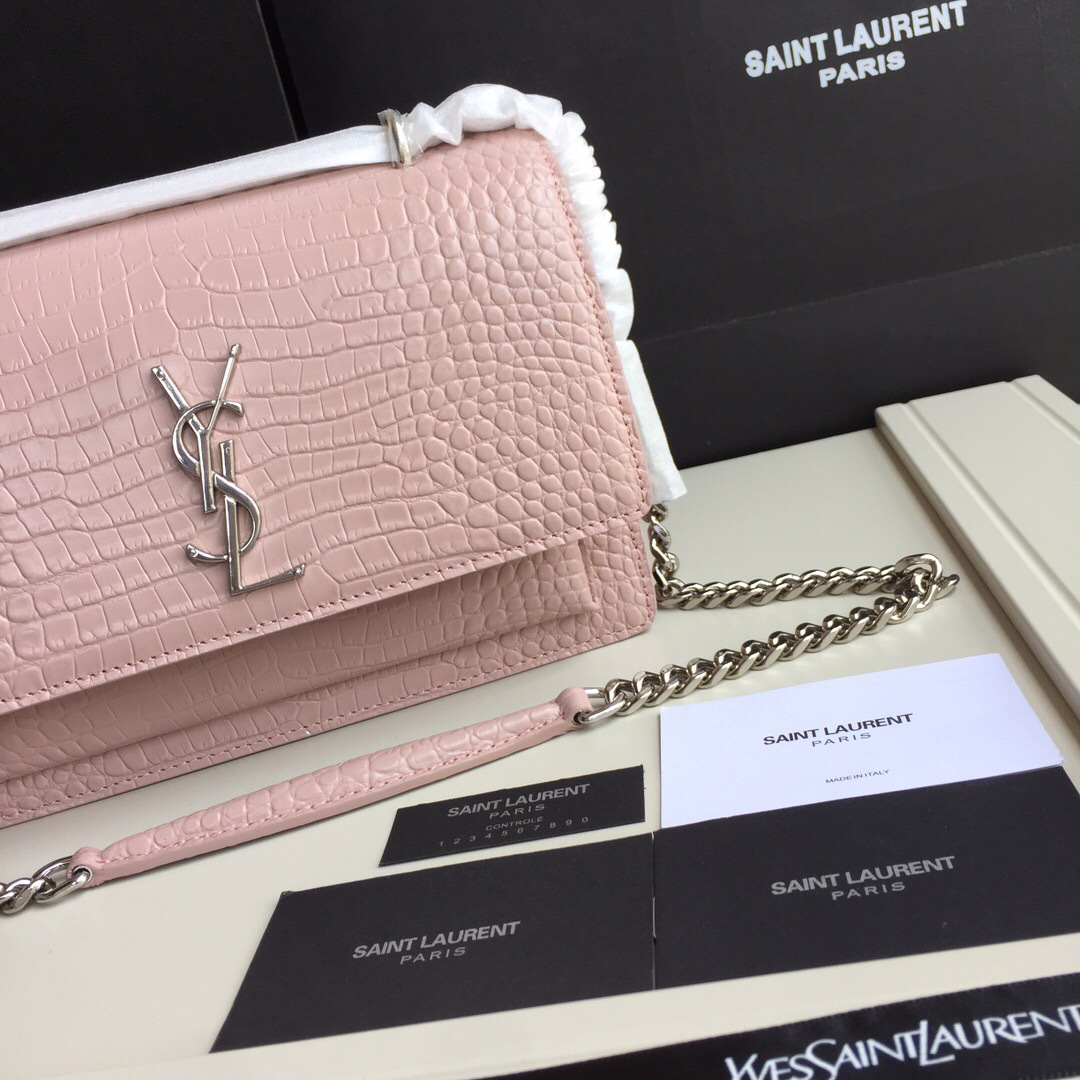 Y51 small crocodile silver chain front flap handbag pink  22*16*8cm