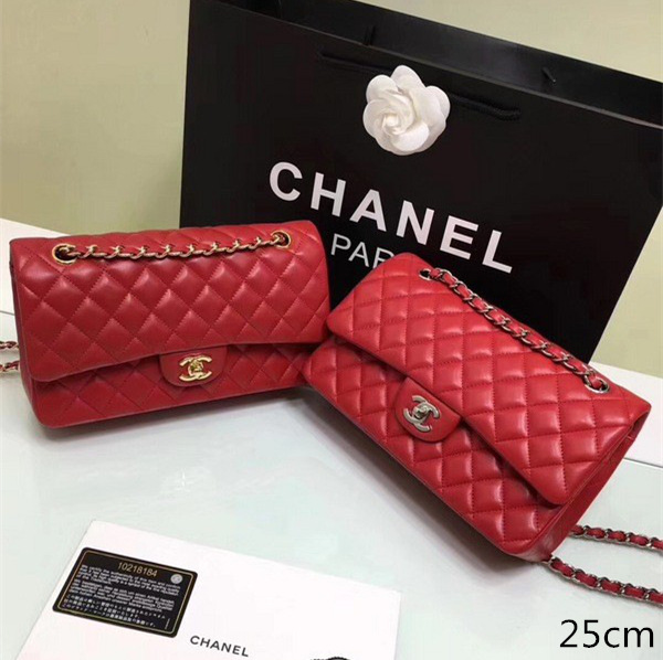 Ch**el classic flap bag red lambskin leather sliver&gold chain 25cm