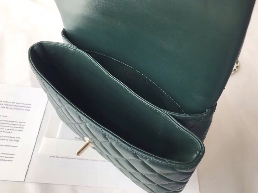 Ch**el flap bag with top handle dark green 21cm