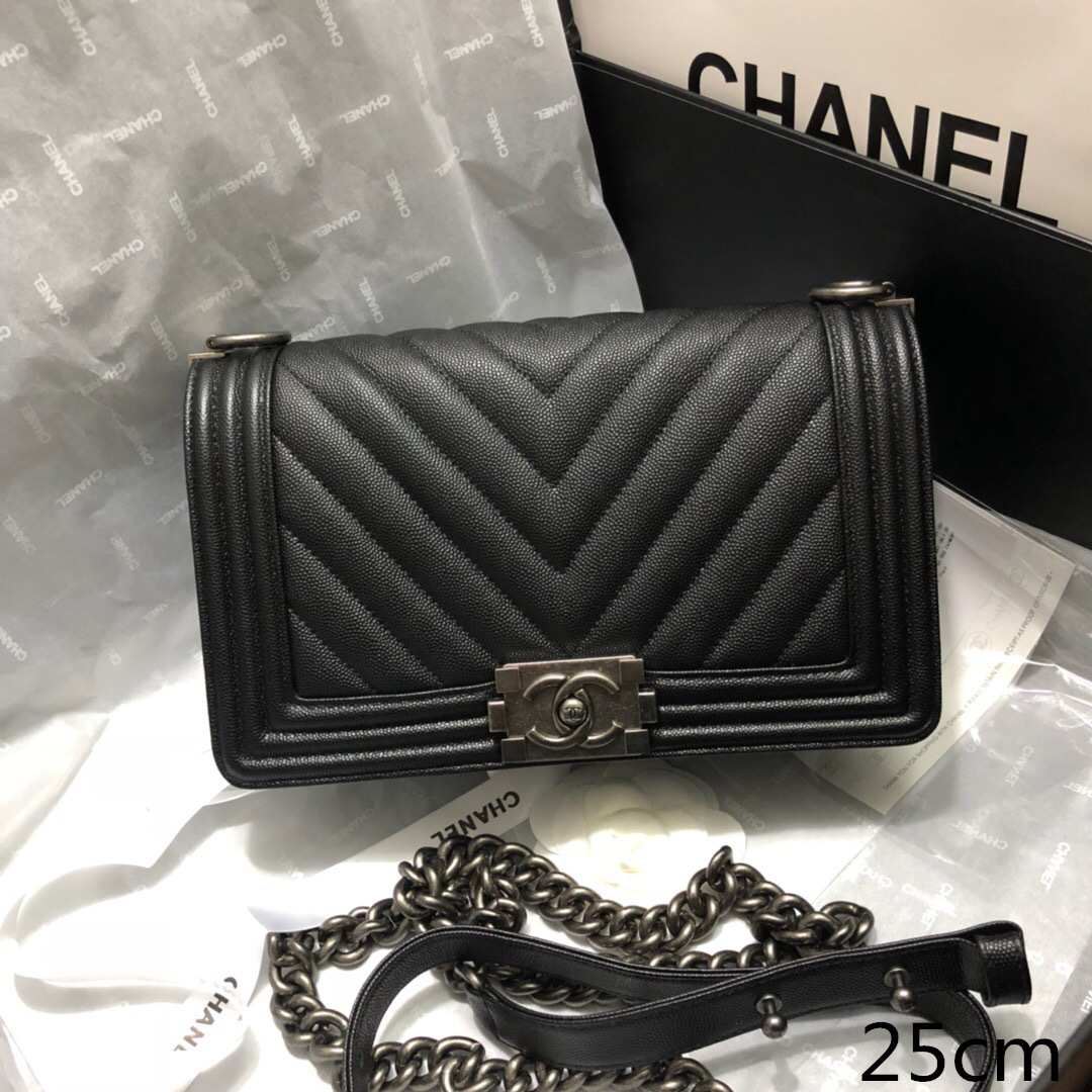 Ch**el original quality 67086 medium v fine ball black silver hardware  25cm