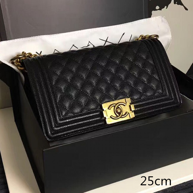 Ch**el medium quilted caviar boy bag black gold