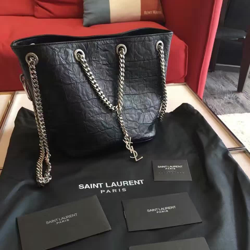 Y51 crocodile embossed leathe bucket bag black 5136  16cm x 16cm x 12cm