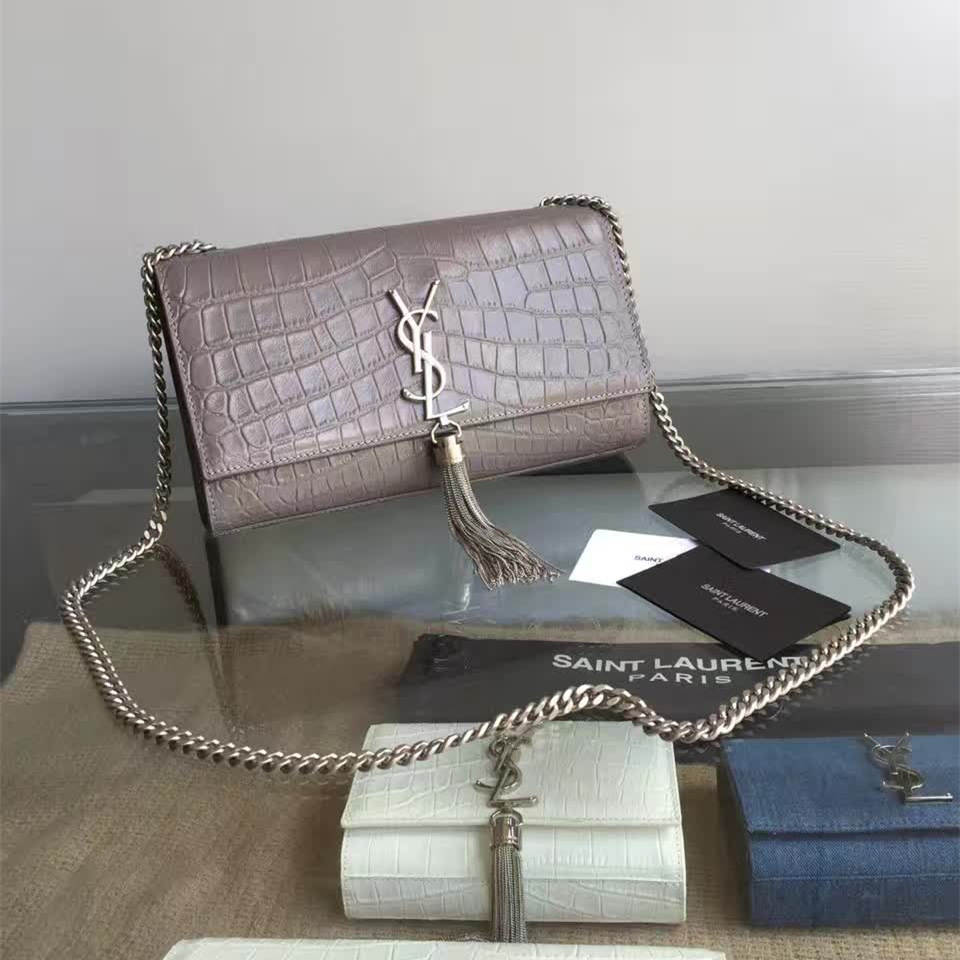 Y51 monogram kate silver tassel in embossed crocodile shiny leather 5038 24cm x 14.5cm x 5.5cm