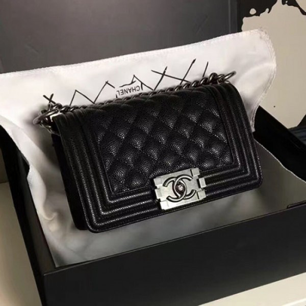 Ch**el small quilted caviar boy bag black silver