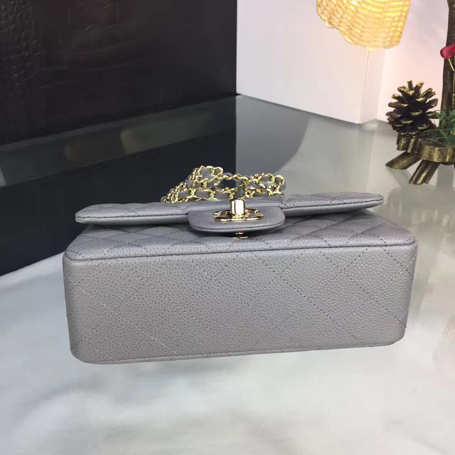 Ch**el classic flap bag grey caviar leather sliver&gold chain gray 20cm