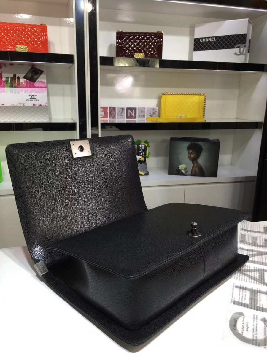 Ch**el large boy bag black caviar leather with silver&gold hardware 30cm