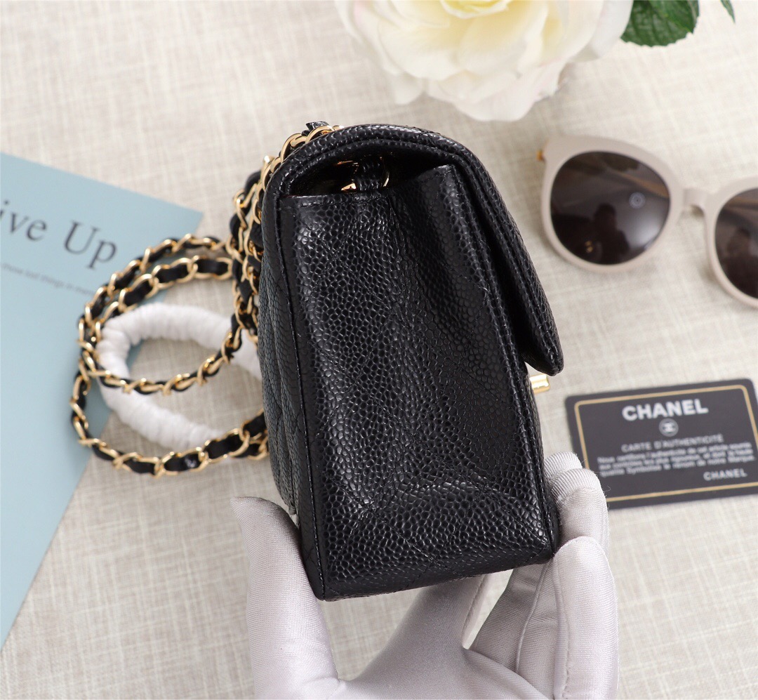 Ch**el flap bag caviar lambskin leather black gold chain 20cm