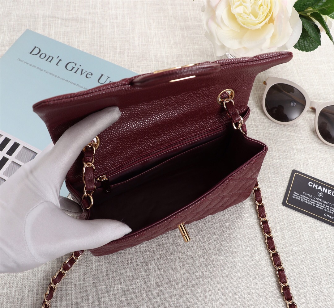 Ch**el flap bag caviar lambskin leather red gold chain 20cm