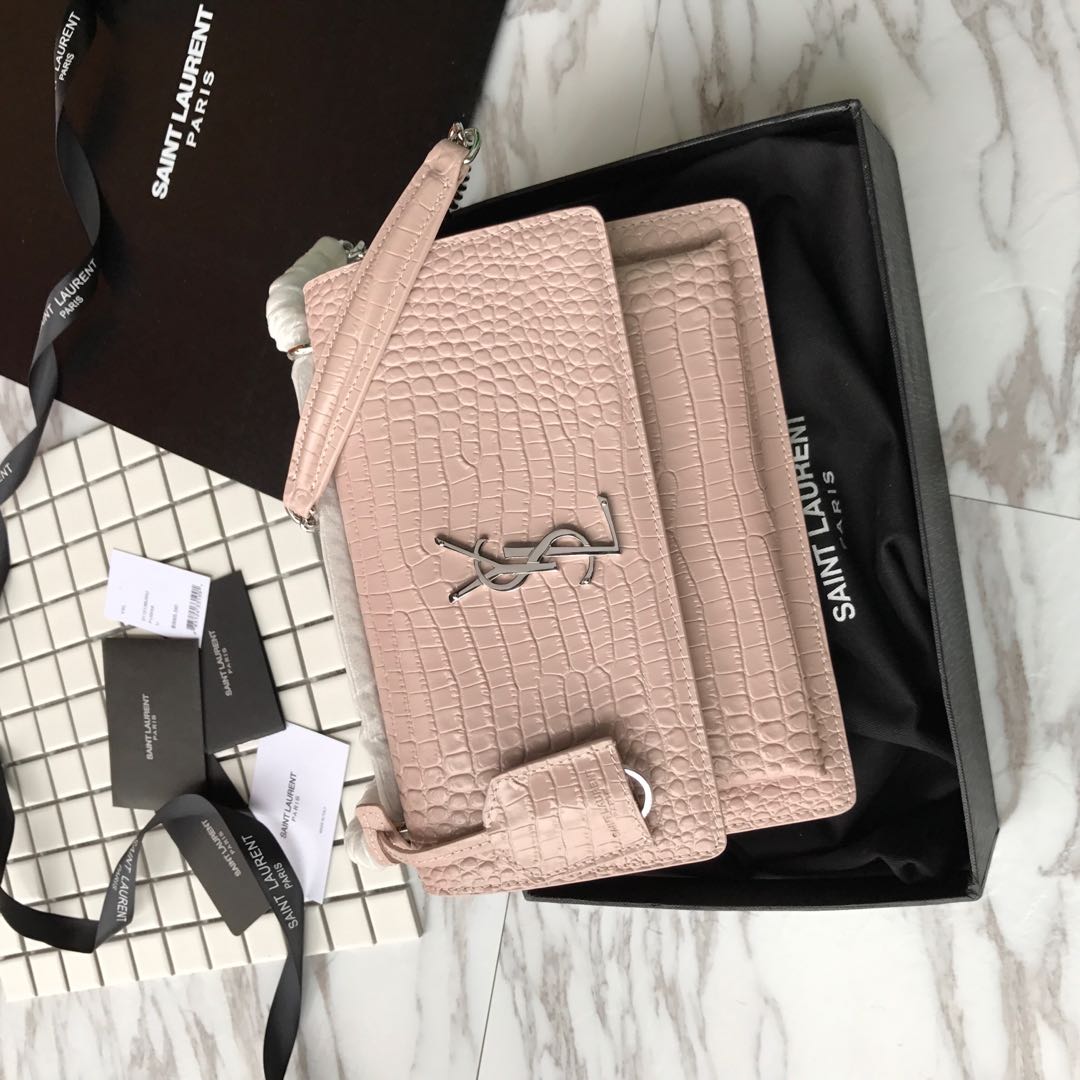 Y51 sunset chain wallet in crocodile embossed shiny leather 4846 17cm x 13cm x 7cm