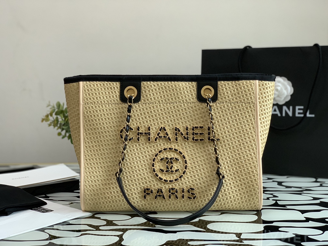Ch**el large tote straw, calfskin & gold metal beige & black a66941