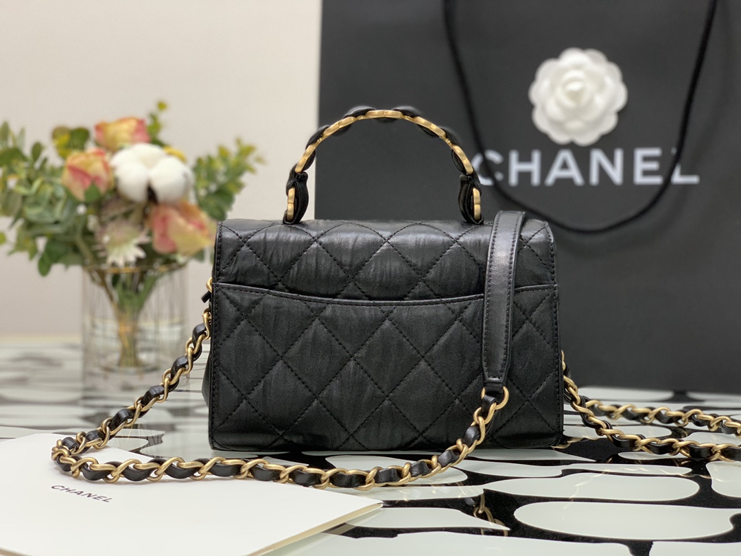 Ch**el small flap bag with top handle crumpled lambskin black as2478 15 × 22.5 × 9.5 cm