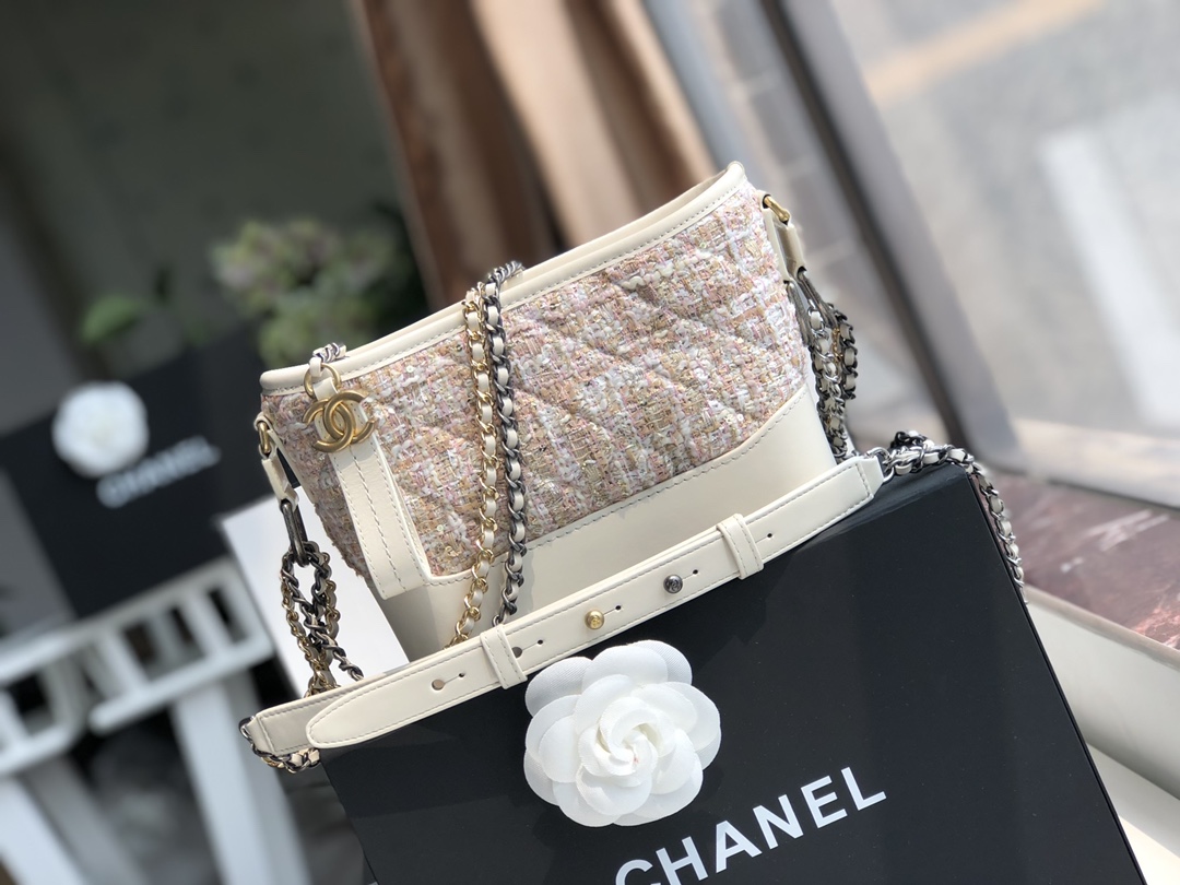 Ch**el's gabrielle small hobo bag tweed calfskin beige a91810 20 x 15 x 8 cm