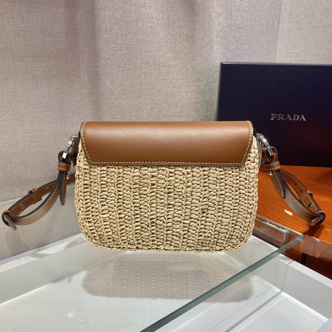 Pra*a raffia and leather shoulder bag beige cognac 1bd243 20 x 15 x 6.5 cm