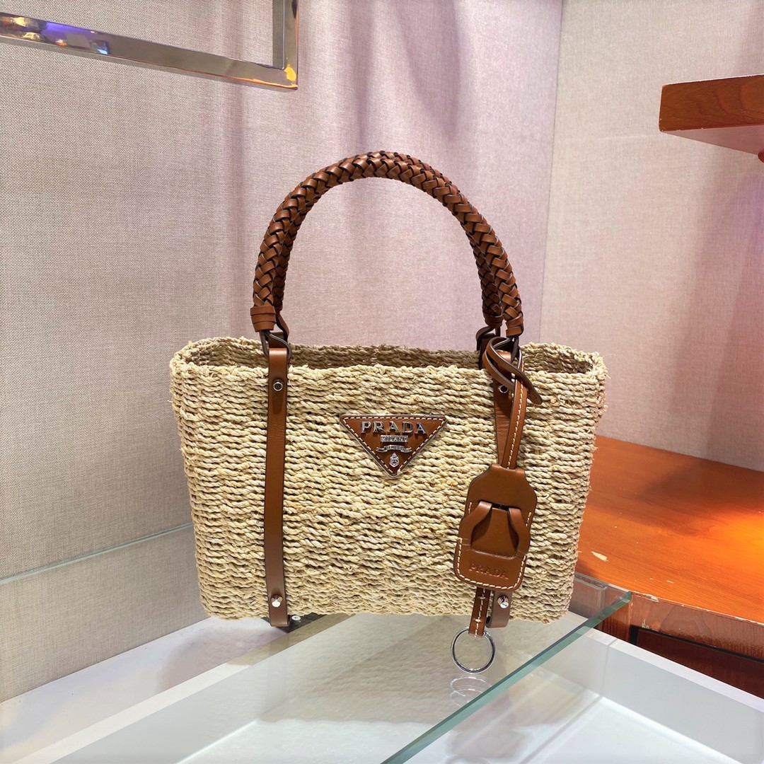 Pra*a women corn husk and leather tote beige 1bg336 26 x 18 x ​​13.5 cm