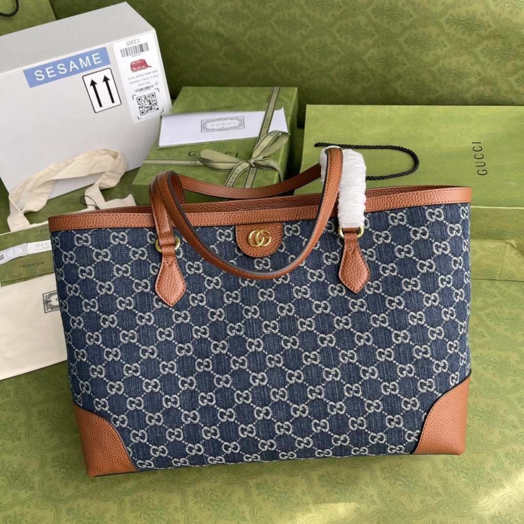 Gvc*1 ophidia gg medium tote blue and ivory denim 631685 38 x 28 x 14 cm