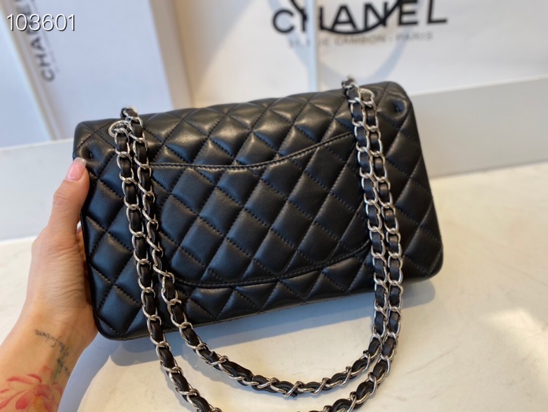 Ch**el flap bag black & silver chain a01112 25cm