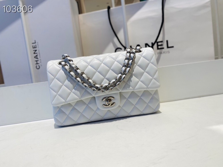 Ch**el flap bag white & silver chain a01112 25cm
