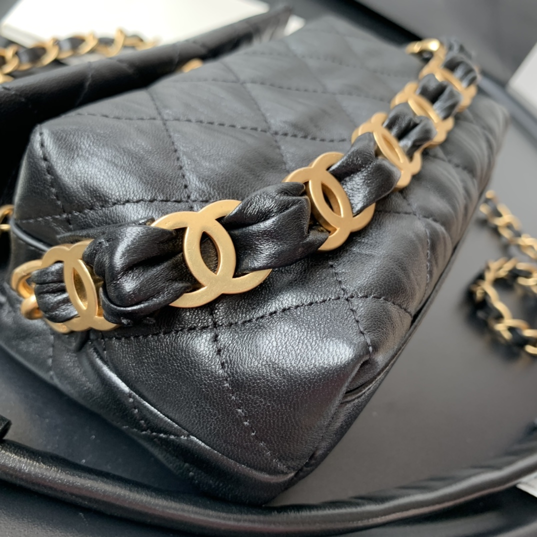 Ch**el small hobo bag crumpled lambskin & gold-tone metal black as2479 13 x 19 x 7 cm