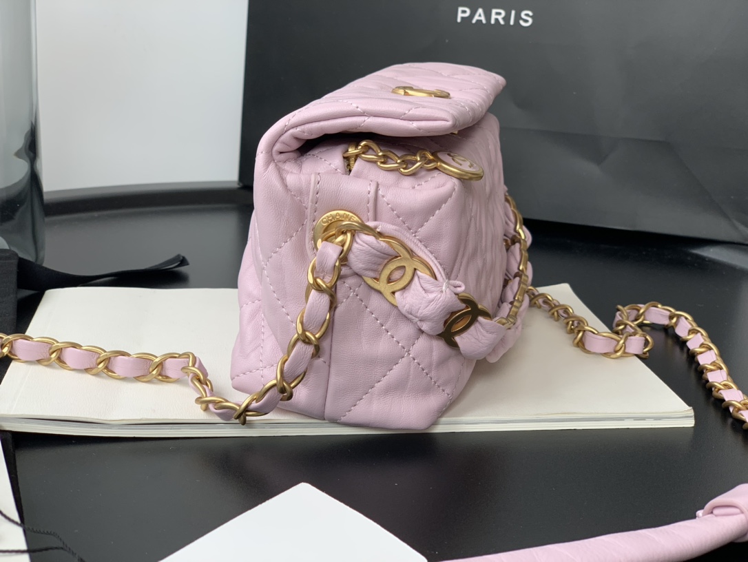 Ch**el small hobo bag crumpled lambskin & gold-tone metal pink as2479 13 x 19 x 7 cm