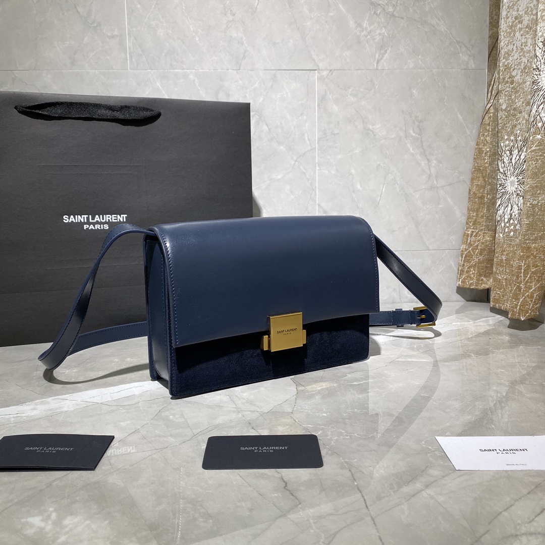 Y51 medium bellechasse in leather and suede blue and golden 482044 24 x 16 x 7 cm