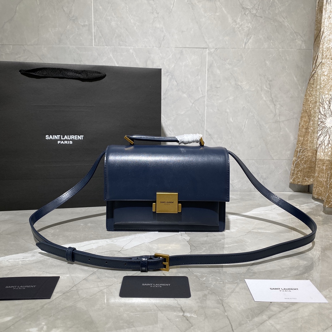 Y51 medium bellechasse in leather blue and golden 482051 22 x 16 x 9 cm
