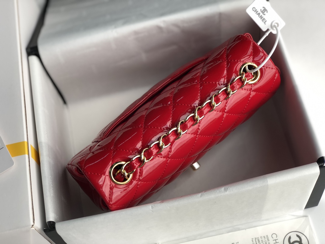 Ch**el cf mini patent calfskin & golden metal red bag 20cm