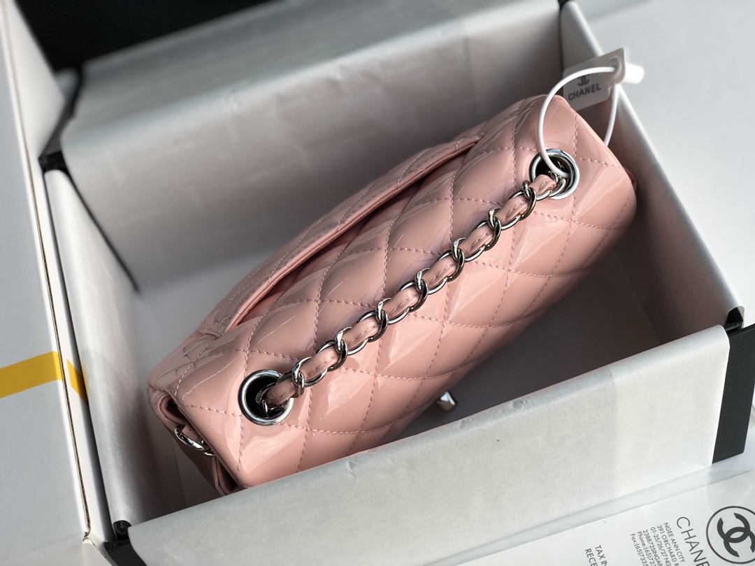 Ch**el cf mini patent calfskin & silver metal rose pink bag 20cm