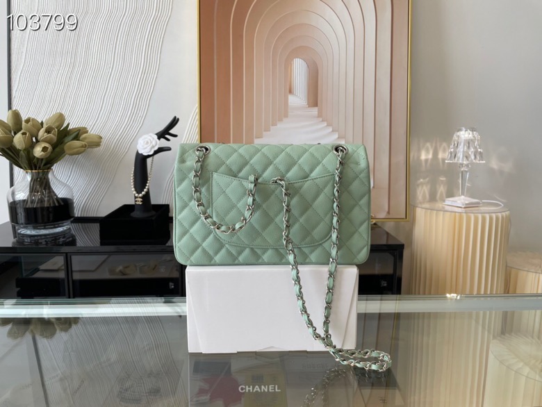Ch**el classic handbag grained calfskin & silver-tone metal seafoam a01112 15.5 × 25.5 × 6.5 cm