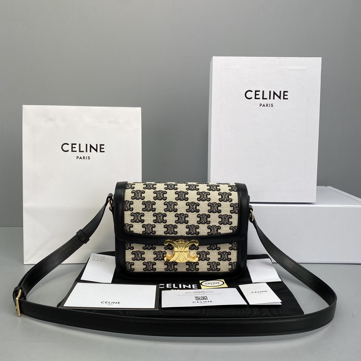 Ce1i*e medium triomphe bag in textile with triomphe embroidery and calfskin black 191242 22 x 16 x 7 cm