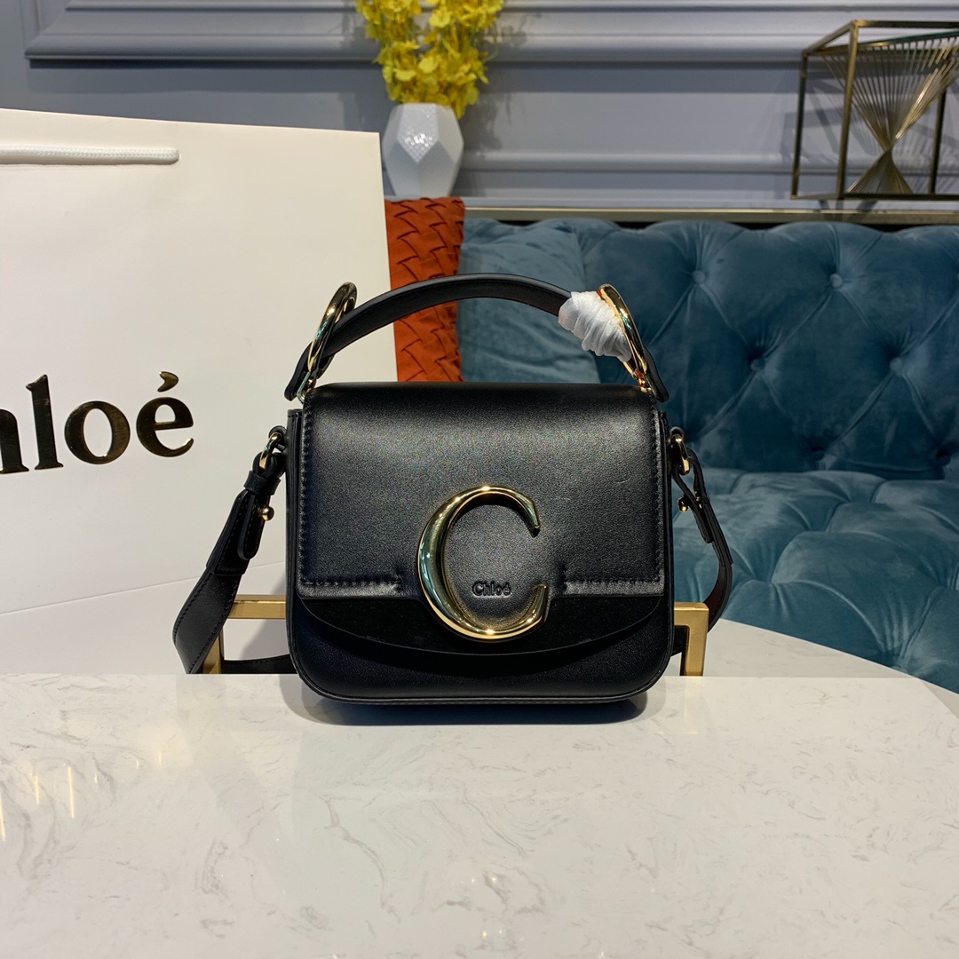 CHLOE MINI C BAG In Shiny & Suede Calfskin Black CHC19US193 16.5 x 5 x 14 cm