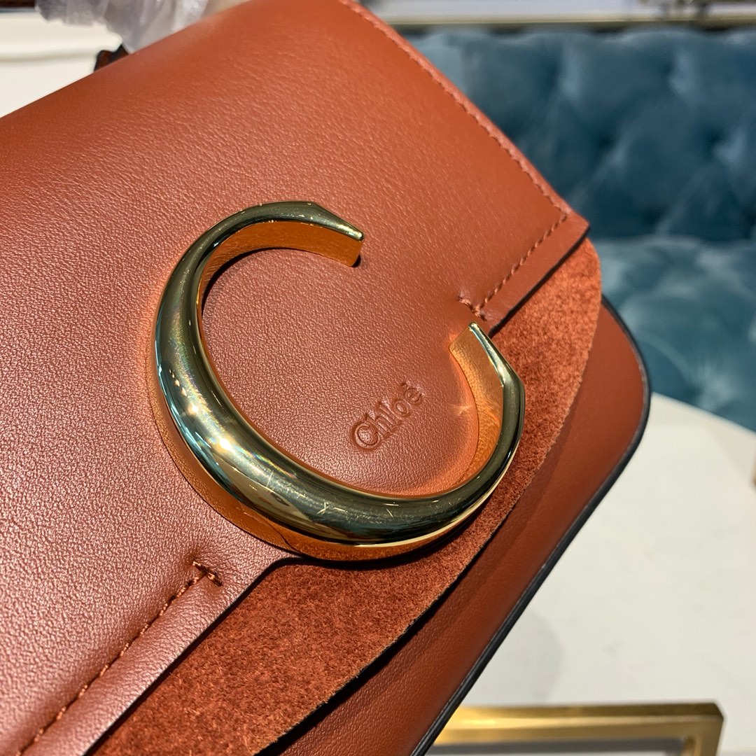 CHLOE MINI C BAG In Shiny & Suede Calfskin Arizona Brown CHC19US193 16.5 x 5 x 14 cm