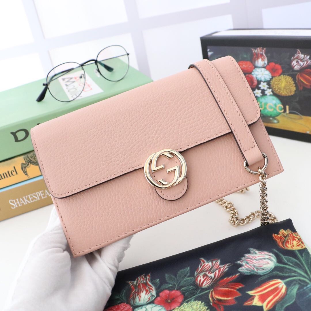 Gvc*1 interlocking wallet on chain rose pink leather 510314 19.5 x 12 x 3.5 cm