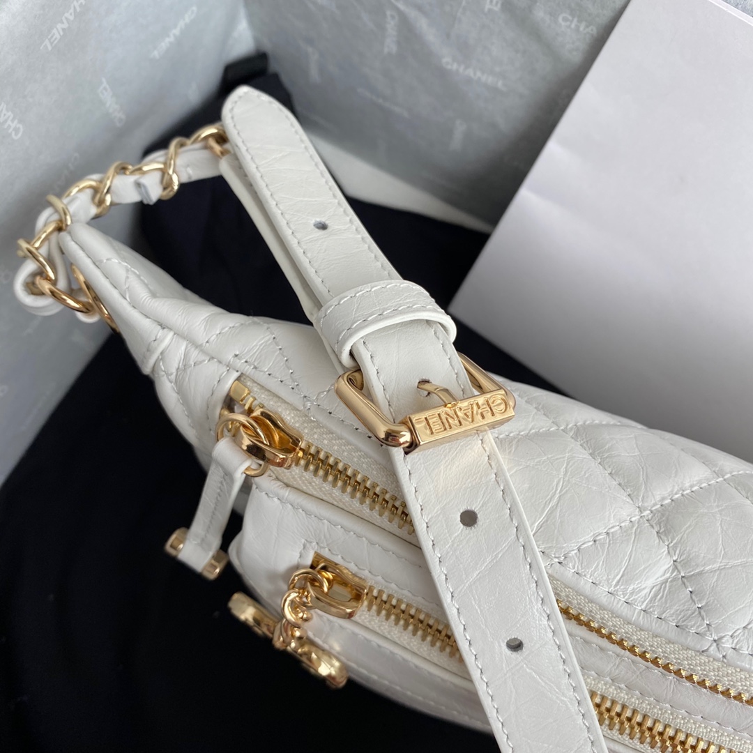 Ch**el aged calfskin waist bag & coin purses white as1077 34 x 15 x 6 cm