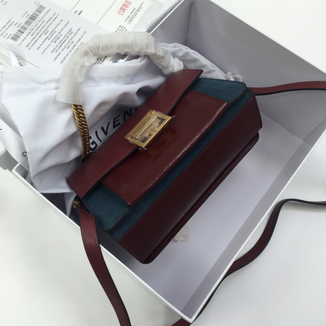 GIVENCHY SMALL GV3 BAG IN LEATHER AND SUEDE Burgundy And Navy BB501CB 22 x 14 x 8 cm