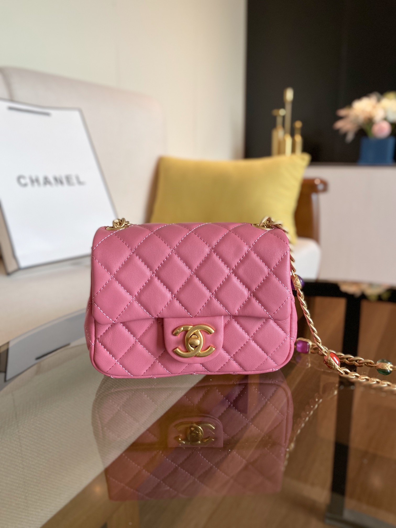 Ch**el mini square resin bag stones chain lambskin pink as2379 13 x 17 x 7 cm