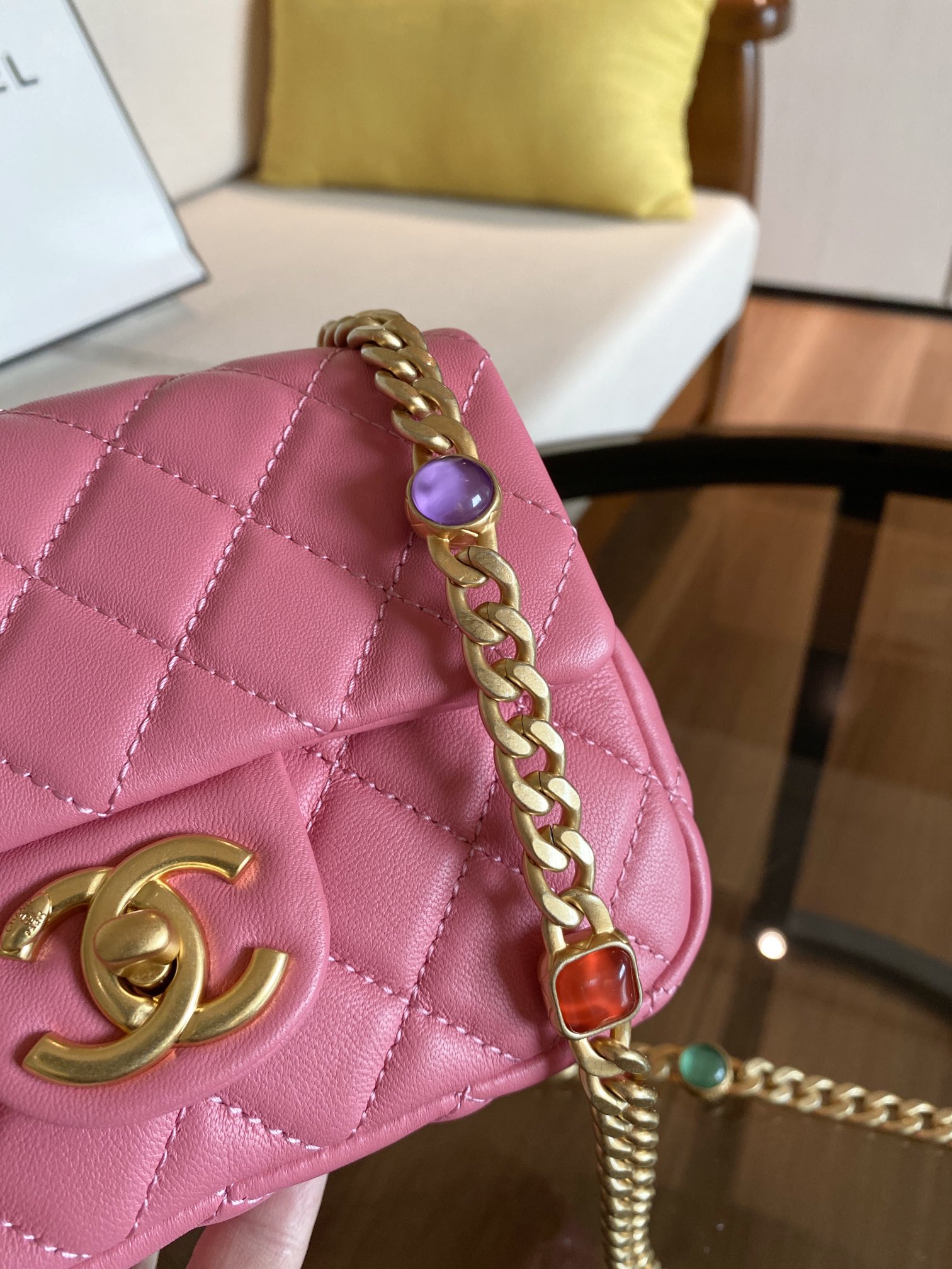 Ch**el mini square resin bag stones chain lambskin pink as2379 13 x 17 x 7 cm