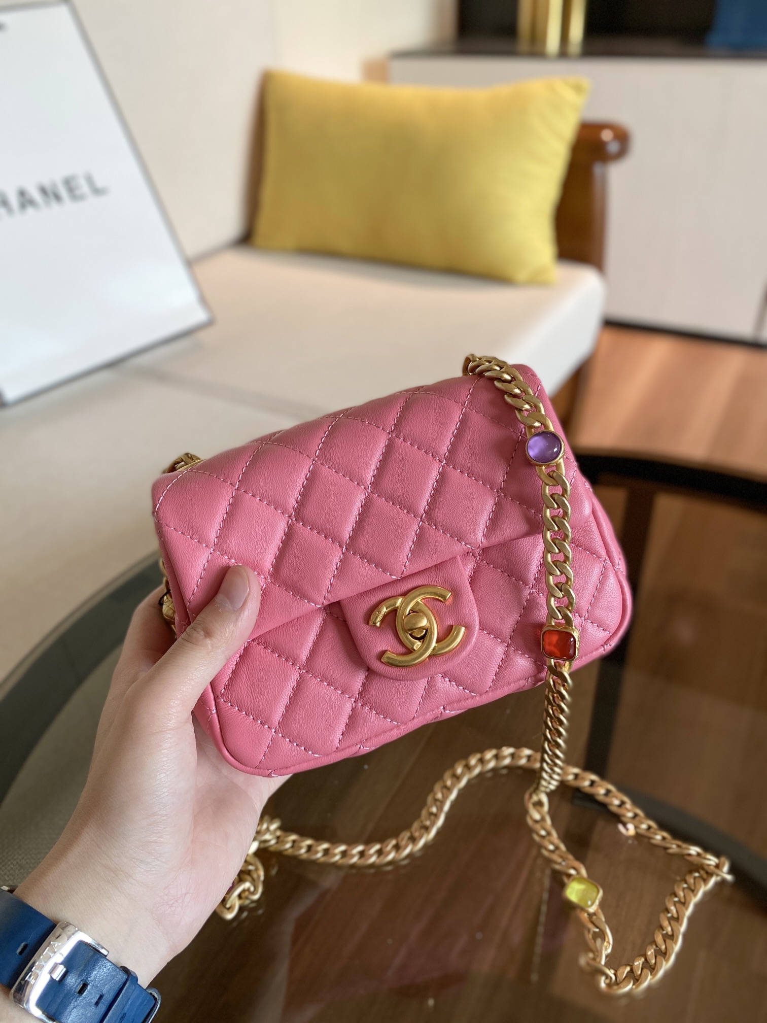 Ch**el mini square resin bag stones chain lambskin pink as2379 13 x 17 x 7 cm