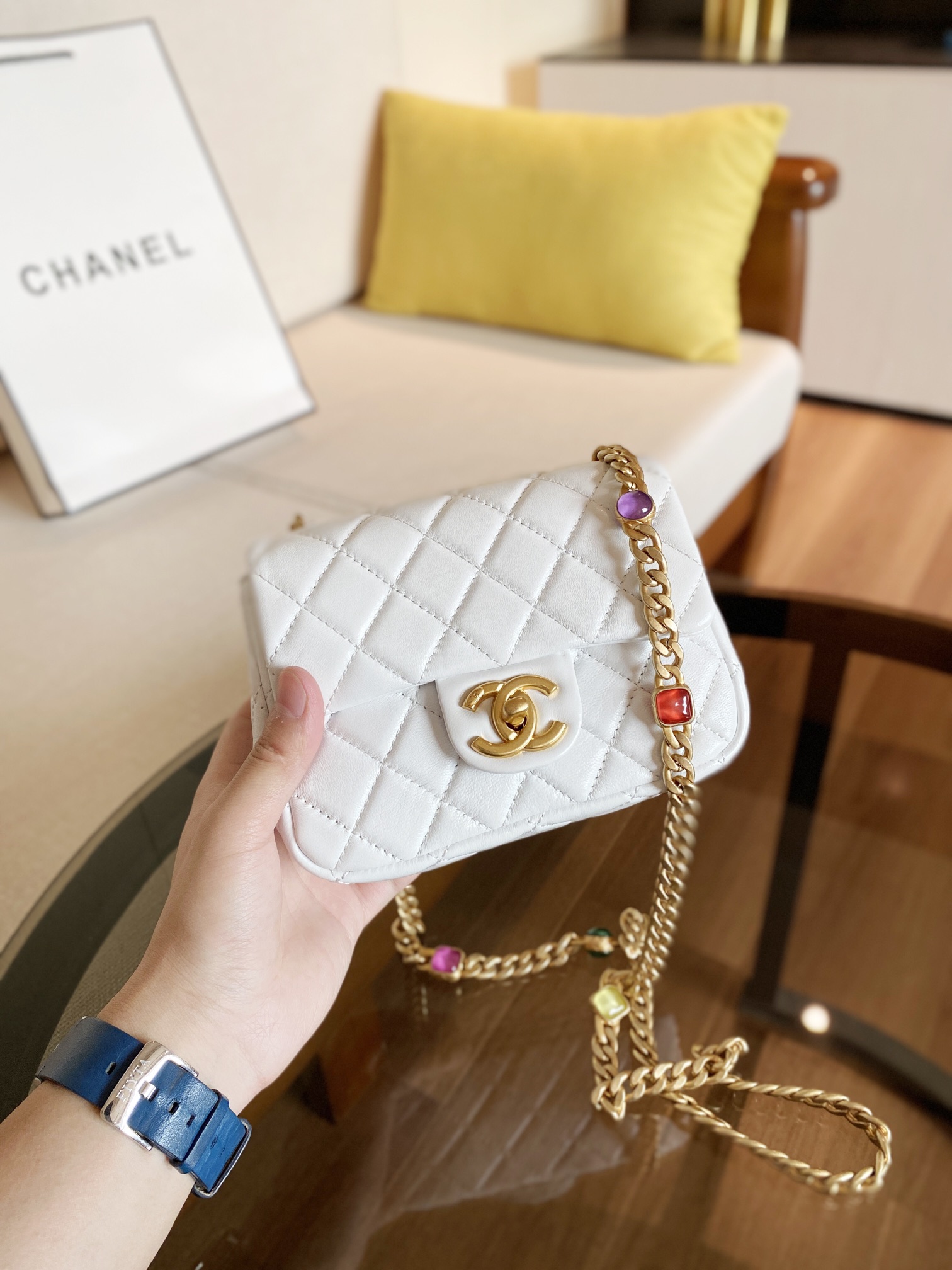 Ch**el mini square resin bag stones chain lambskin white as2379 13 x 17 x 7 cm