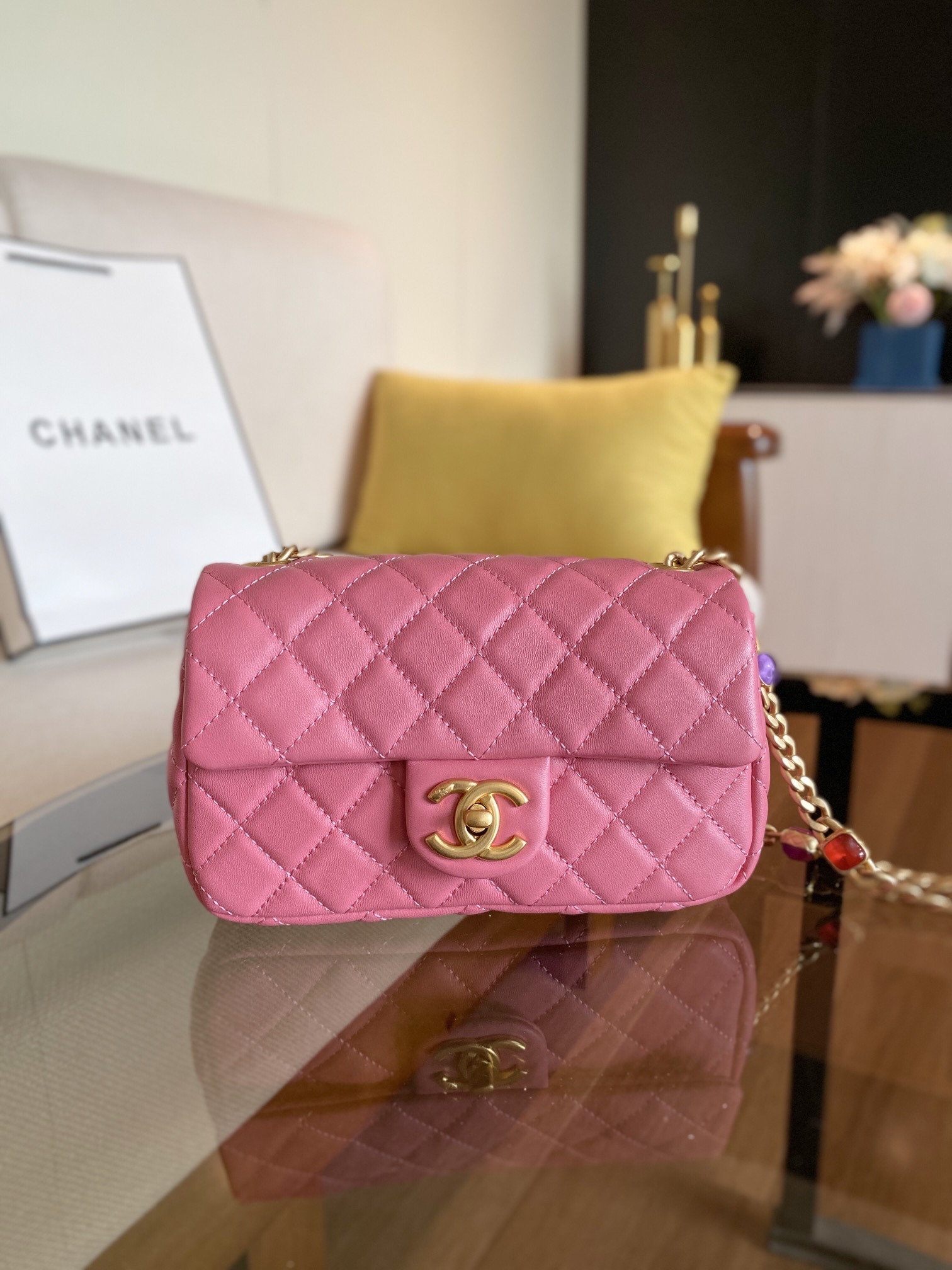 Ch**el small resin stones chain flap bag lambskin pink as2380 12.5 x 20 x 7 cm